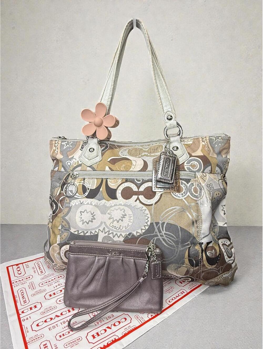 Coach Poppy Pop C Khaki Glam Large Tote with Wristlet
